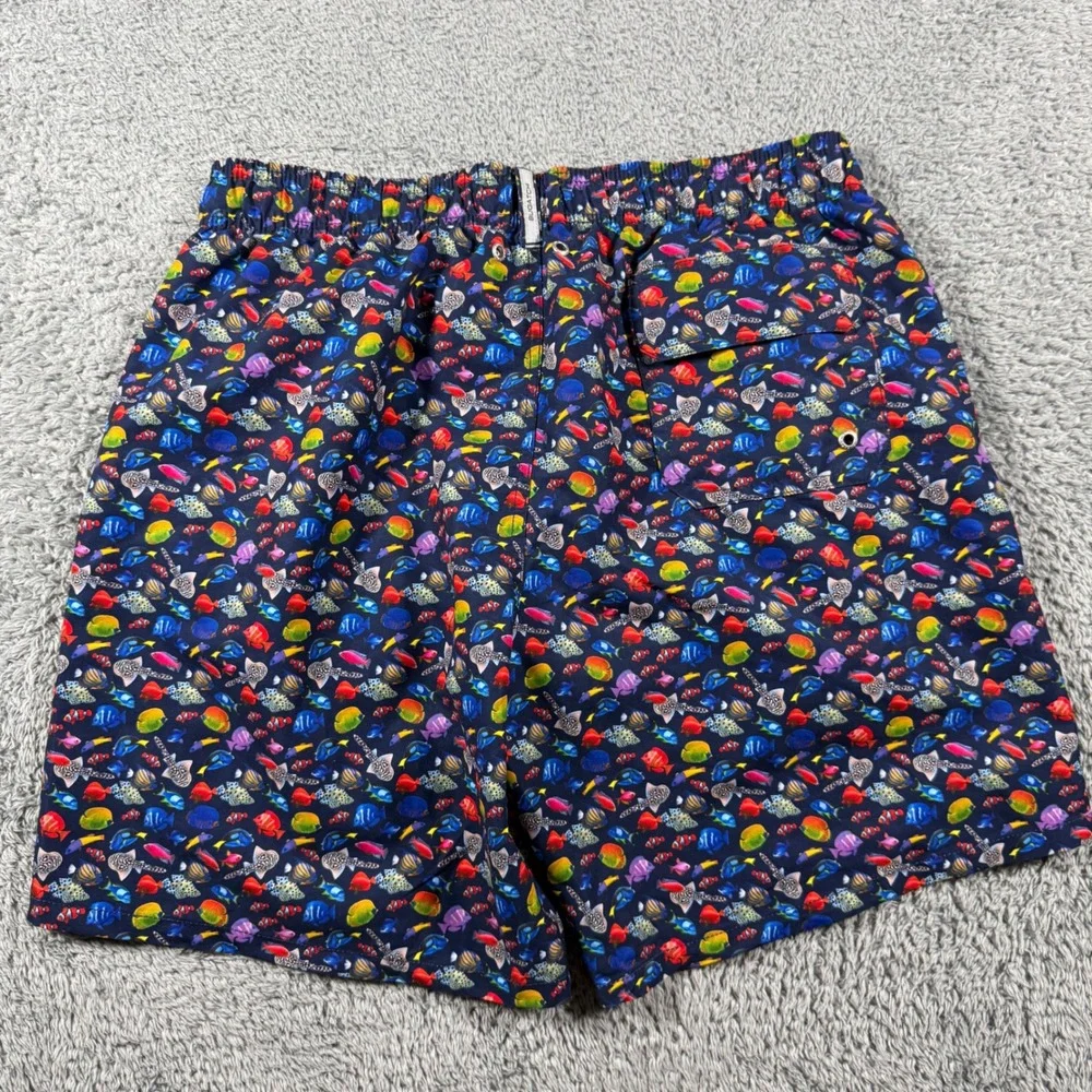 NWT Bugatchi Swim Trunks Men Large Navy Tropical Fish Print Mech Lined